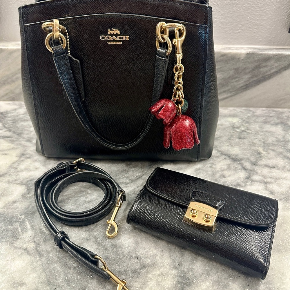 Black Leather Coach Satchel with Gold Accents